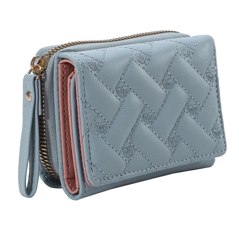 Portafoglio da donna per pelle PU moda ricamato amore tri-fold piccolo portafoglio porta carte portamonete multi-slot per carte interno rosa