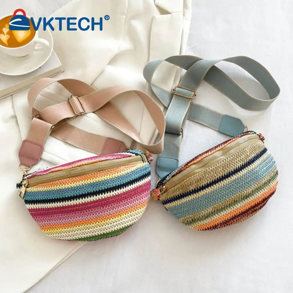 Marsupio a righe arcobaleno, marsupio in paglia intrecciata alla moda, con tracolla regolabile, semplice, portatile, colorato, per vacanze e weekend