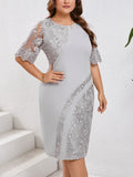GIBSIE Plus Size Pizzo ricamato Mezza manica O-Collo Abito da donna Estate Autunno Cocktail Party Elegante aderente Abiti longuette