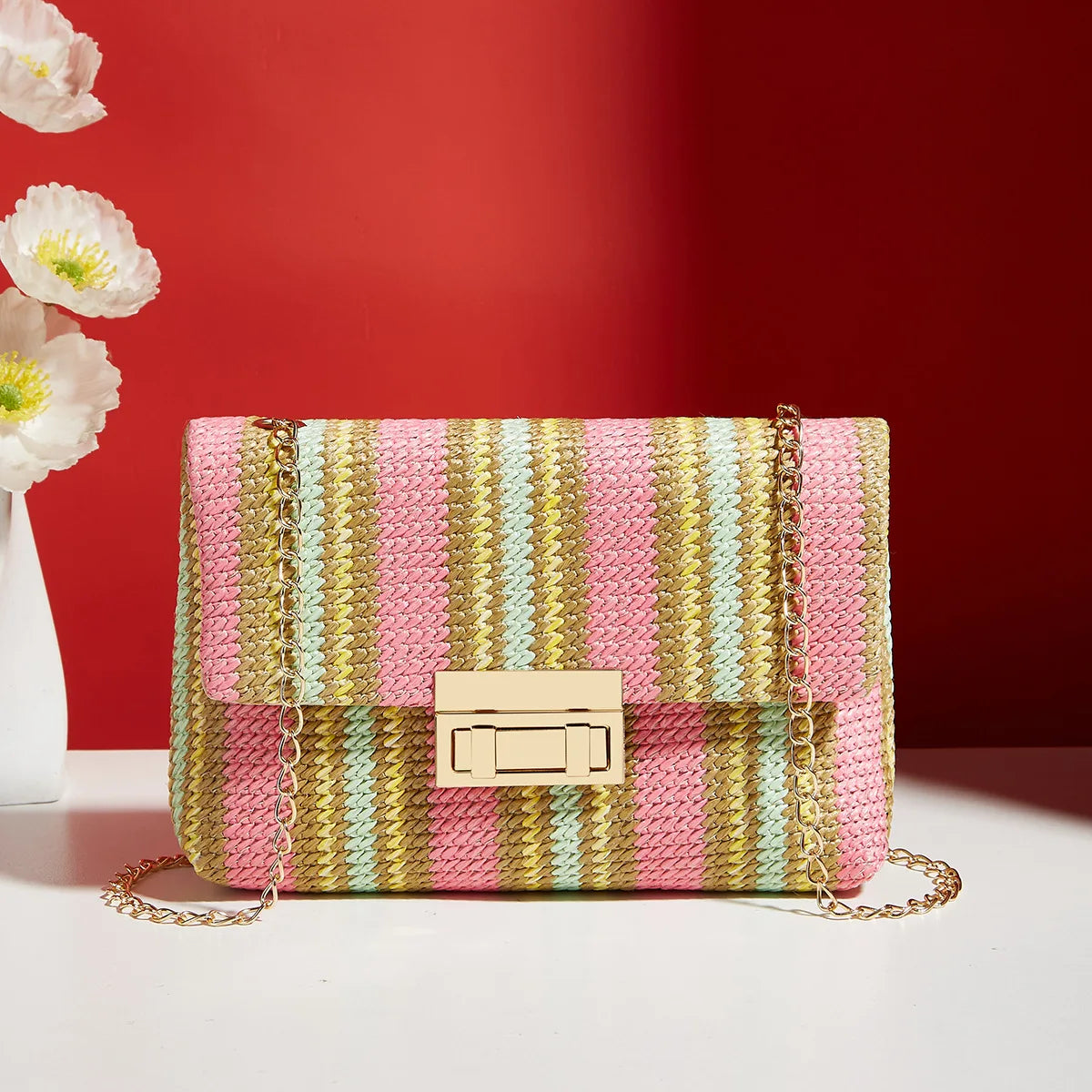 Borsa da donna in paglia lavorata a maglia in rattan a righe multicolori con borsa a catena Borse a tracolla da donna Borsa con patta dal design da viaggio