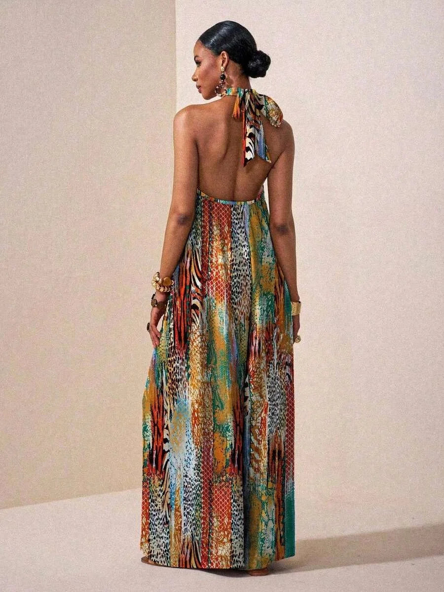 Abito lungo da donna con scollo all'americana e stampa, senza maniche, vestibilità ampia, stile bohémien, casual, per vacanze primaverili ed estive, outfit da spiaggia