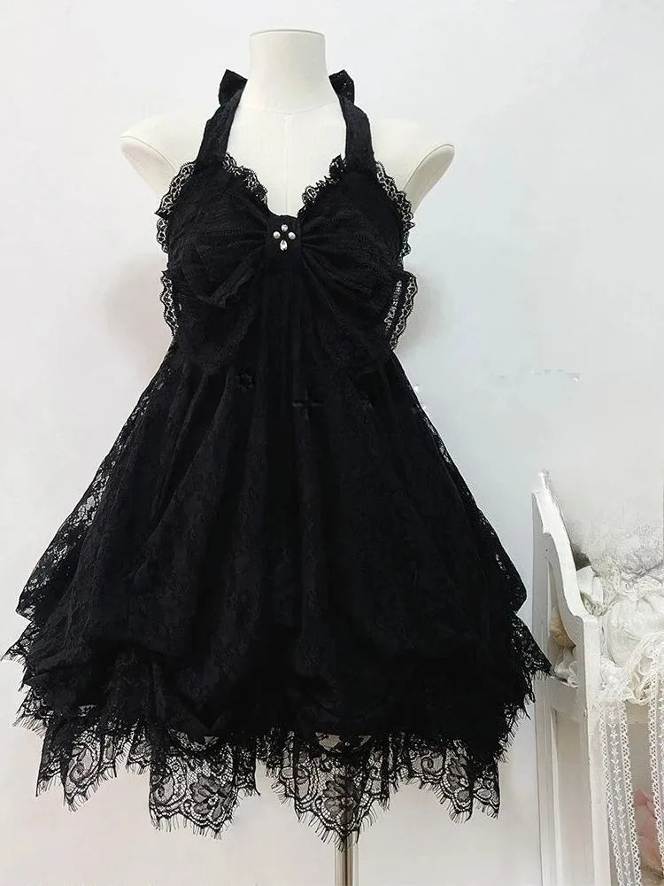 Abito stile francese dolce e carino con giunture a pois, fiocco in pizzo, abiti alla moda coreani, nuovo design, vita sottile, mini abito Y2k da donna
