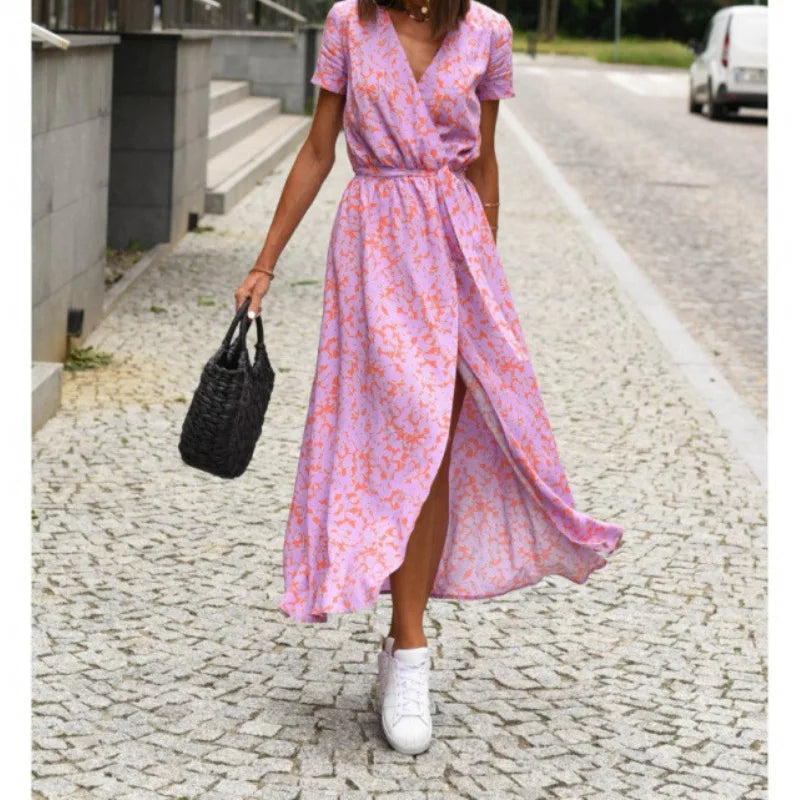 Abito Midi Stampato alla Moda con Spacco, Scollo a V, Maniche Corte, Vita Alta, Gonna a Trapezio, Stile Street, in Poliestere e Spandex, da Donna