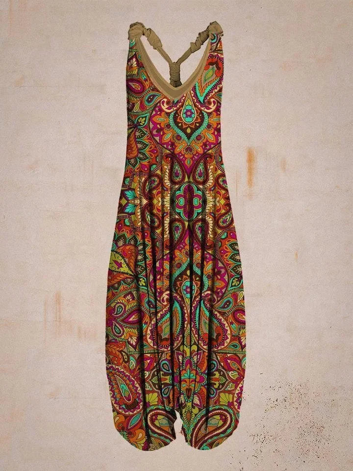 Tuta generale allentata bohémien a gamba larga Mandala etnico Stampa paisley vintage Pagliaccetti da donna Tutina harem senza schienale