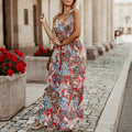 Abito lungo bohémien a vita alta senza maniche con spalline, sexy, con cut-out e pieghe, per vacanze, alla moda, con stampa retrò