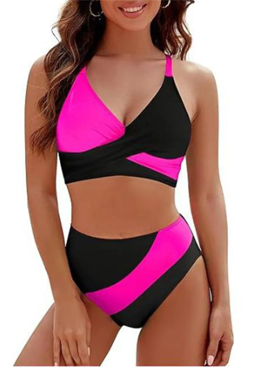 Set bikini da donna 2 pezzi patchwork scollo a V senza maniche top perizoma costume da bagno da spiaggia per donna