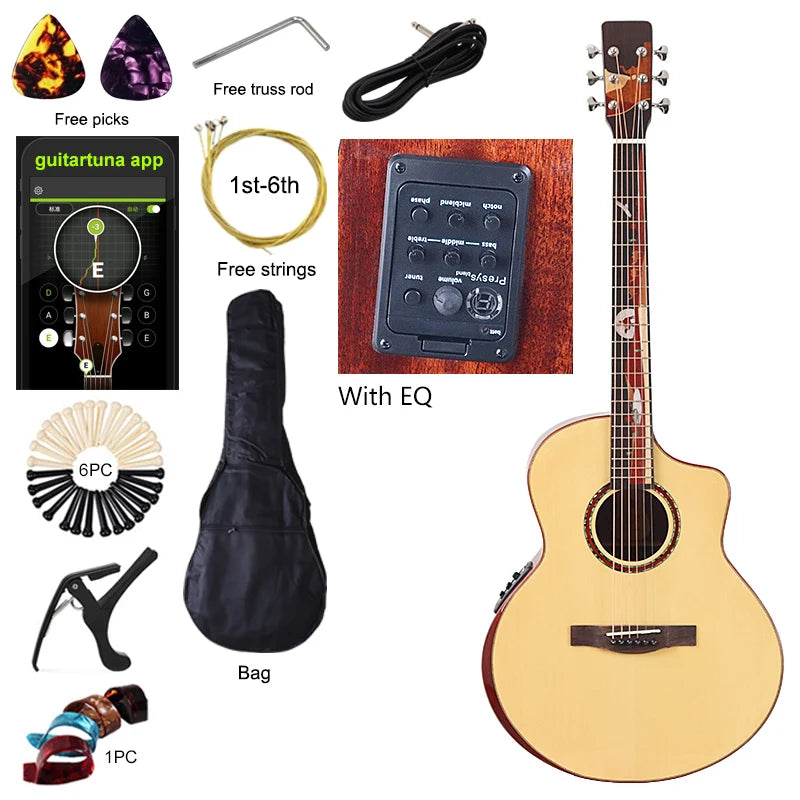Chitarra acustica elettrica da 40 pollici a 6 corde Colore naturale Colore marrone Chitarra folk di alta qualità con parte superiore in legno massello di abete rosso