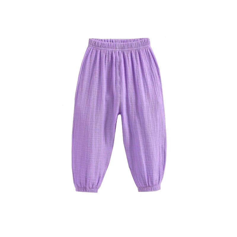 Pantaloni estivi per bambini coreani Pantaloni casual per ragazze Ragazzi in cotone e lino Tinta unita Pantaloni larghi a pieghe Pantaloni Harem a vita alta per ragazze