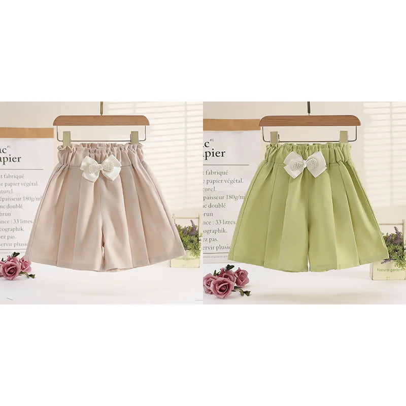1/2/3 Pezzi Pantaloncini Larghi Estivi per Ragazze, Abbigliamento Casual da Esterno, Pantaloncini Sottili Traspiranti, Gonnellino con Fiocco, Abbigliamento Moda Bambina