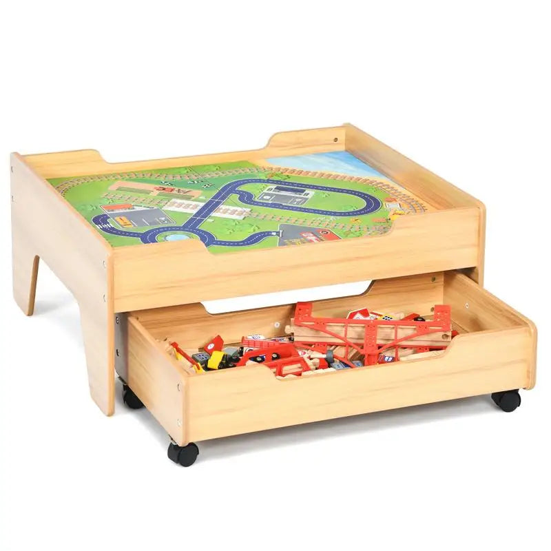 Tavolo con set trenino in legno per bambini con 100 pezzi multicolori e ruote bloccabili