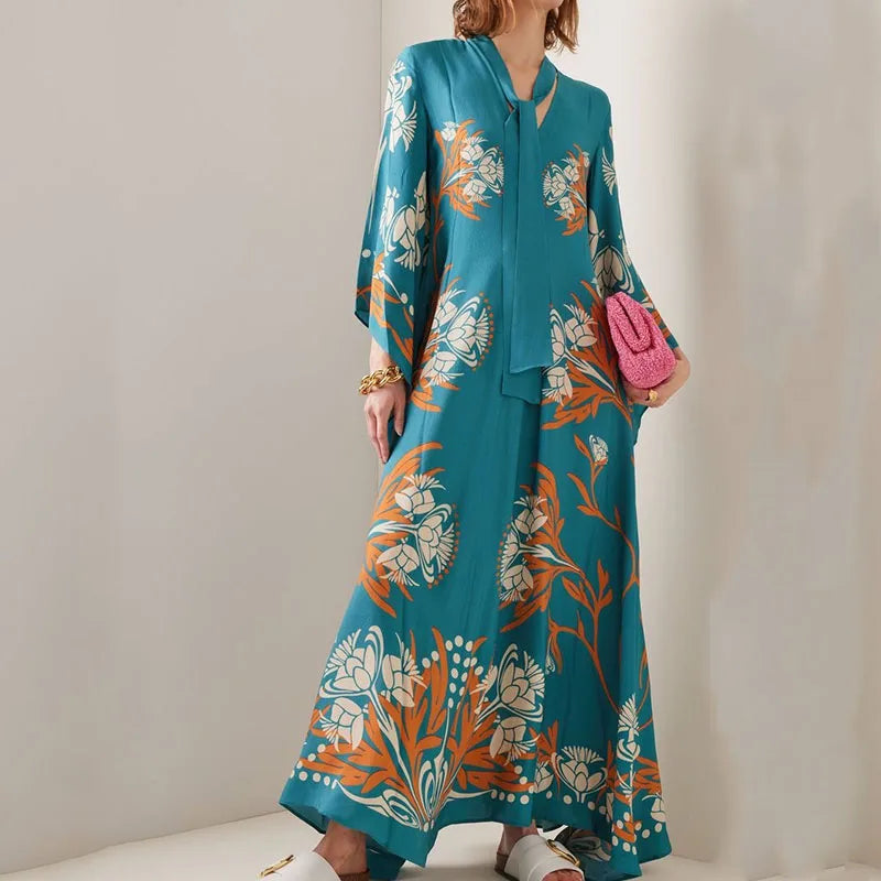 Elegante Abito Lungo a Maniche Lunghe per Feste, Vestito Vintage con Stampa Floreale, Abito Bohémien da Donna con Collo Alto e Vita Alta