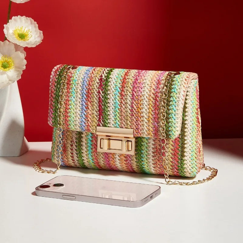 Borsa da donna in paglia lavorata a maglia in rattan a righe multicolori con borsa a catena Borse a tracolla da donna Borsa con patta dal design da viaggio