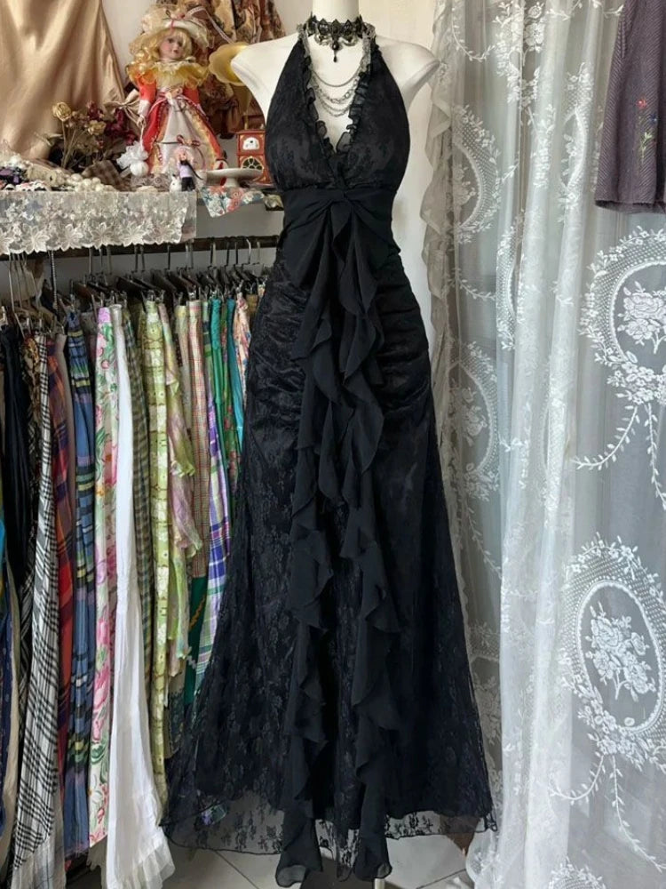 Abito senza maniche con scollo a barchetta vintage francese da donna gotico Y2k con scollo a V abiti estivi neri High Street Chic abbigliamento attillato