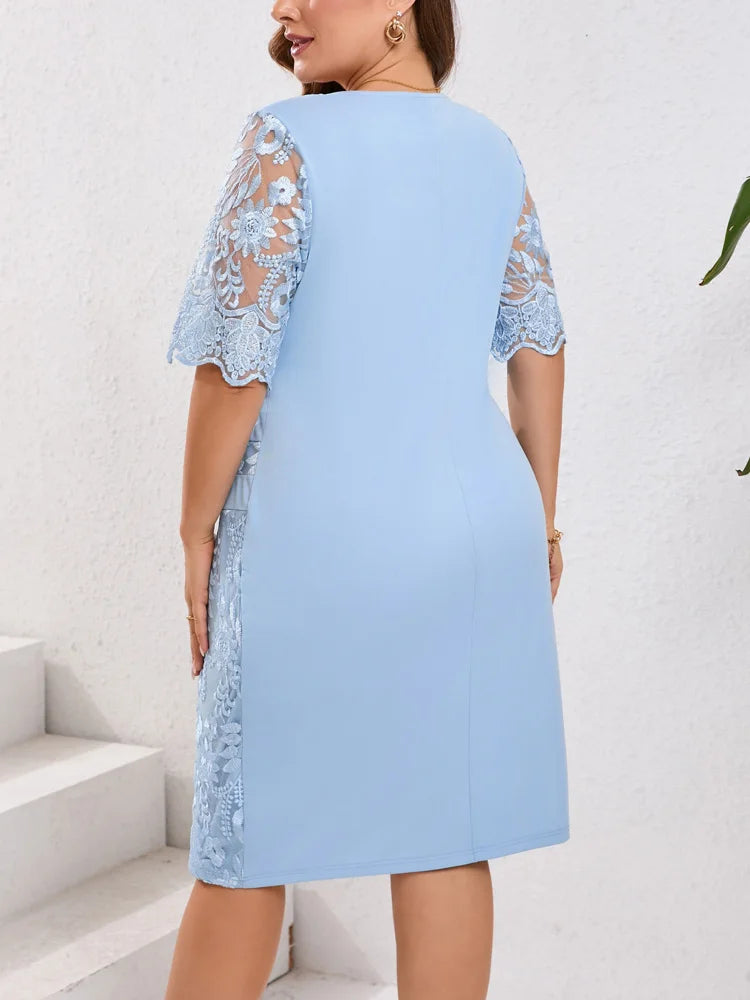GIBSIE Plus Size Pizzo ricamato Mezza manica O-Collo Abito da donna Estate Autunno Cocktail Party Elegante aderente Abiti longuette