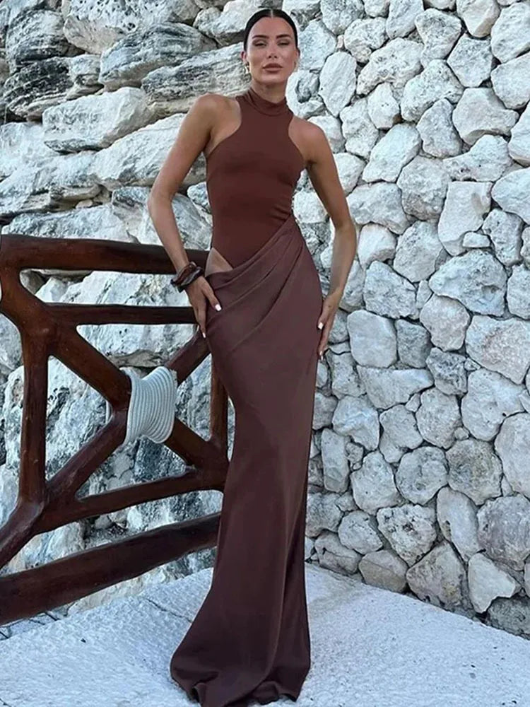 JULISSA MO Abito lungo da donna sexy scollato in raso Abito lungo nero senza maniche a vita alta Donna Autunno Skinny Elegante Party Clubwear