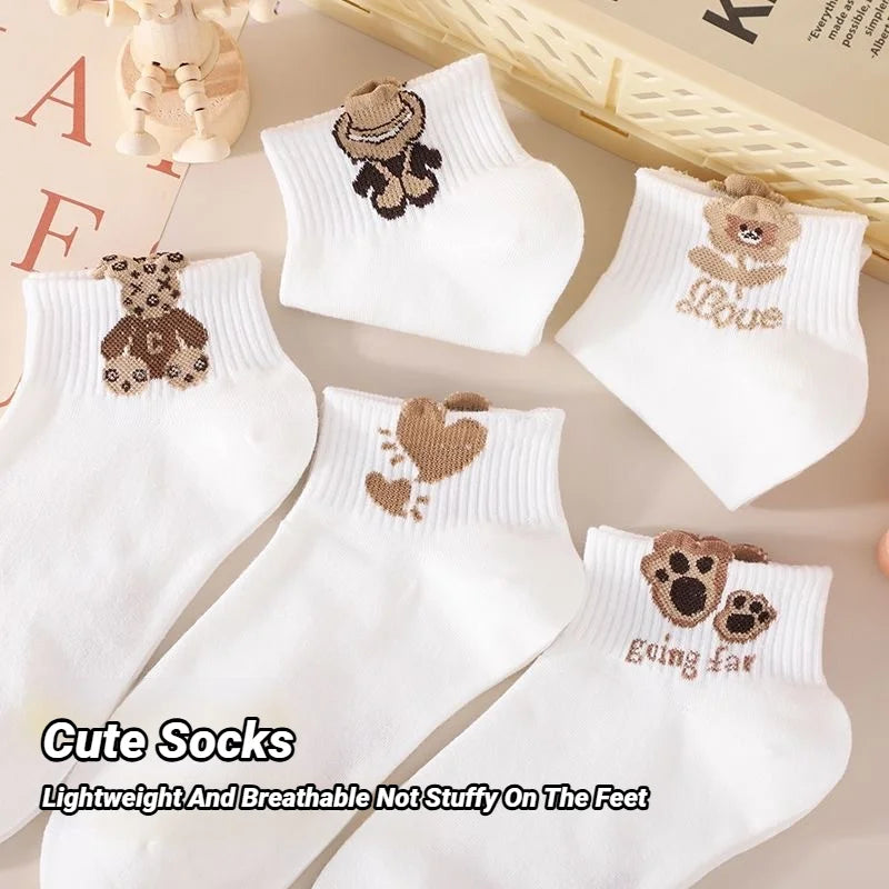 5 paia di calzini da donna con motivo orsetto di peluche, versatili, alla moda, creativi, traspiranti, comodi, casual