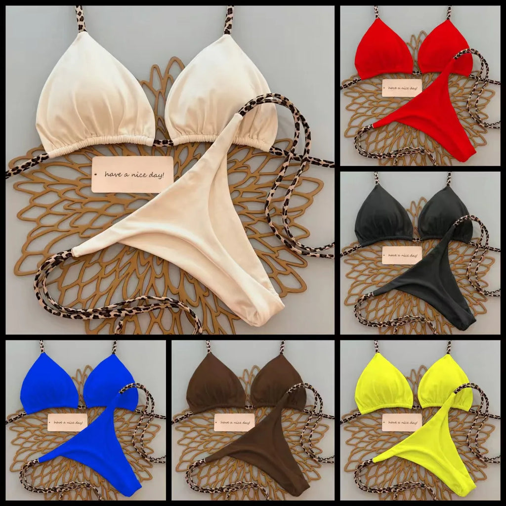 Bikini Donna 2026 Costume da Bagno Vacanza al Mare Stampa Leopardata Sexy Set Bikini Beachwear Costume da Bagno Perizoma Biquini