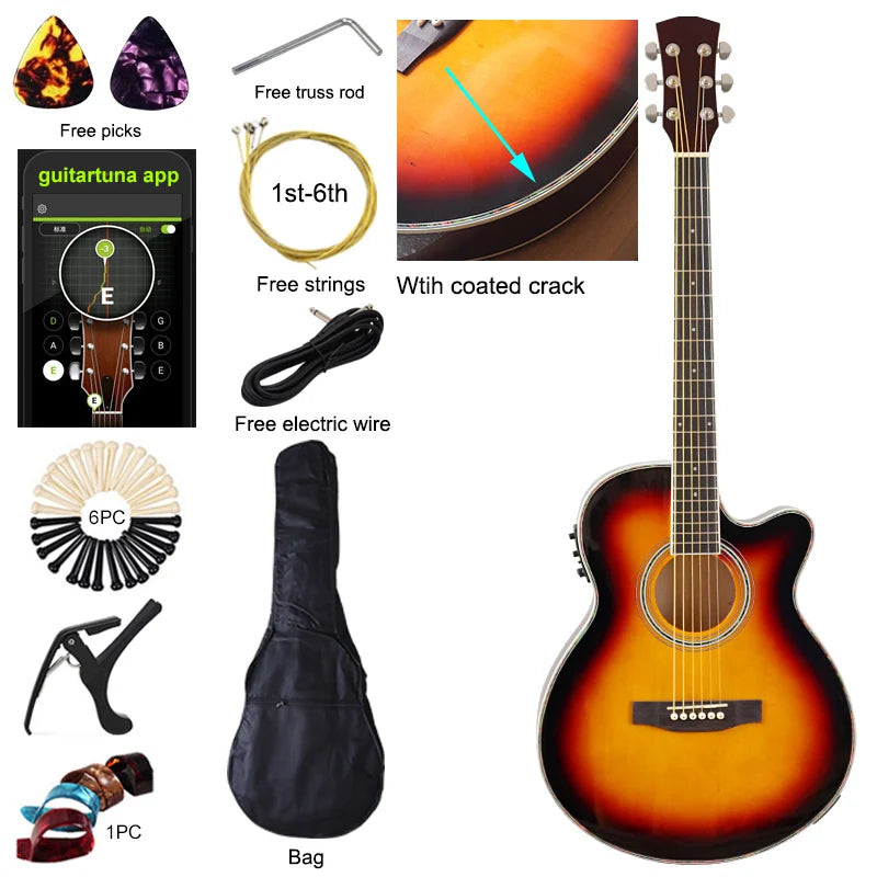 Chitarra elettrica acustica a corpo sottile Chitarra per principianti con Gig Bag gratuito Corda libera Colore bianco naturale Sunburst nero