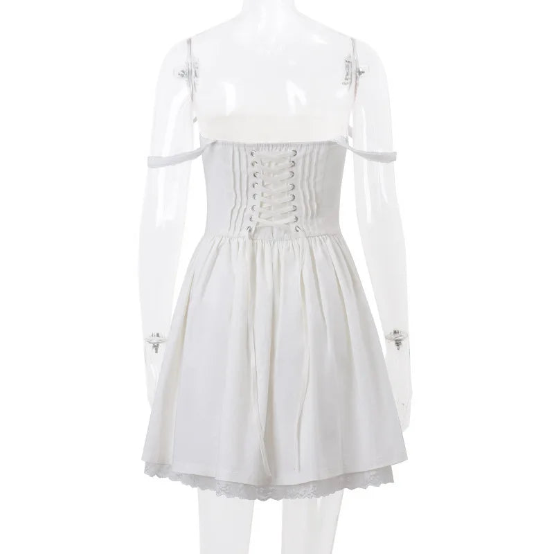 Mini Abito Estivo da Donna Elegante in Pizzo Floreale con Corsetto, Vestito Casual Corto Bianco Giallo Rosso Blu