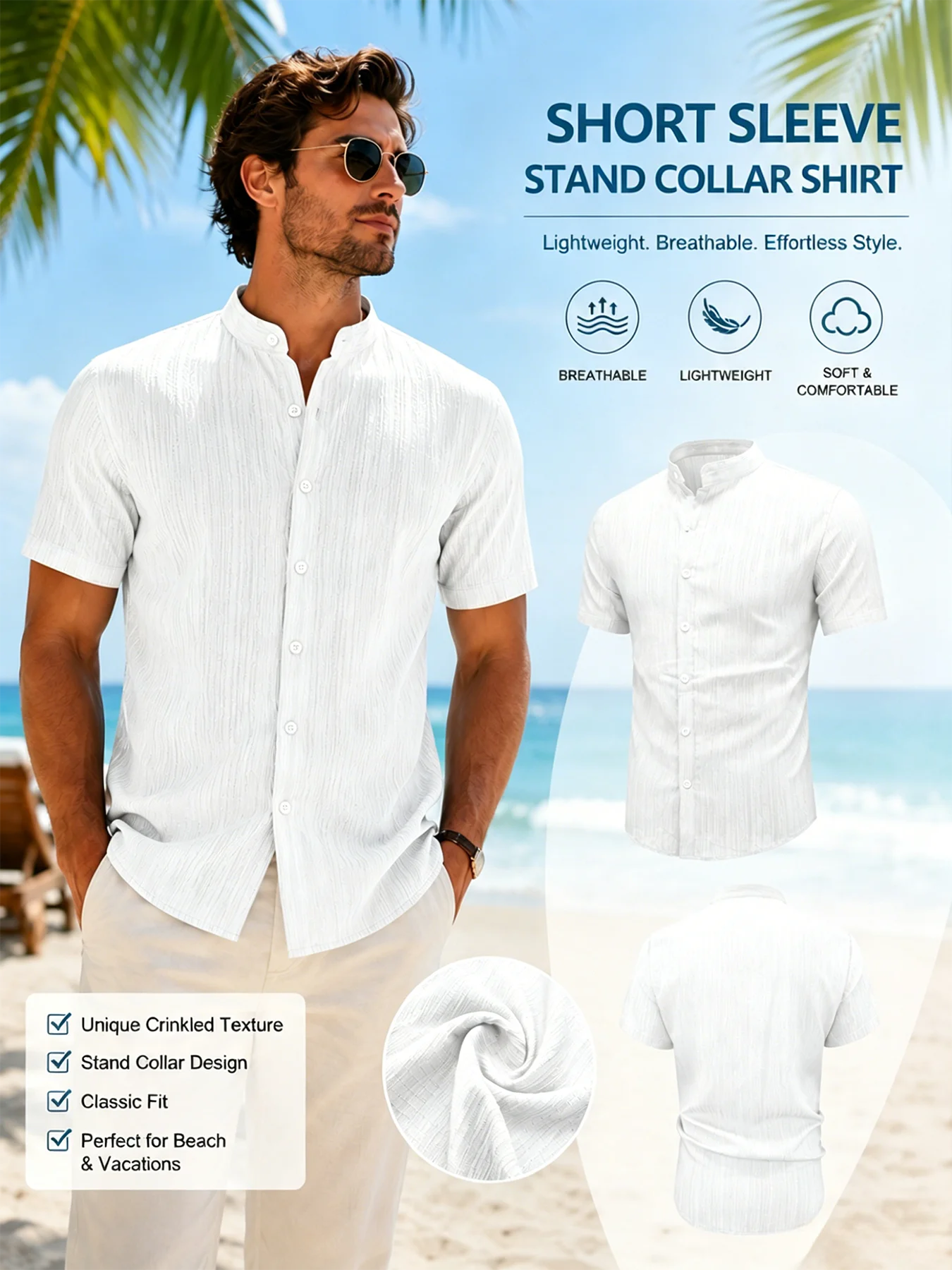 Set di 3 Camicie da Uomo alla Moda, Casual, Manica Corta, Colletto Rialzato, Bottoni, per Estate e Vacanze al Mare