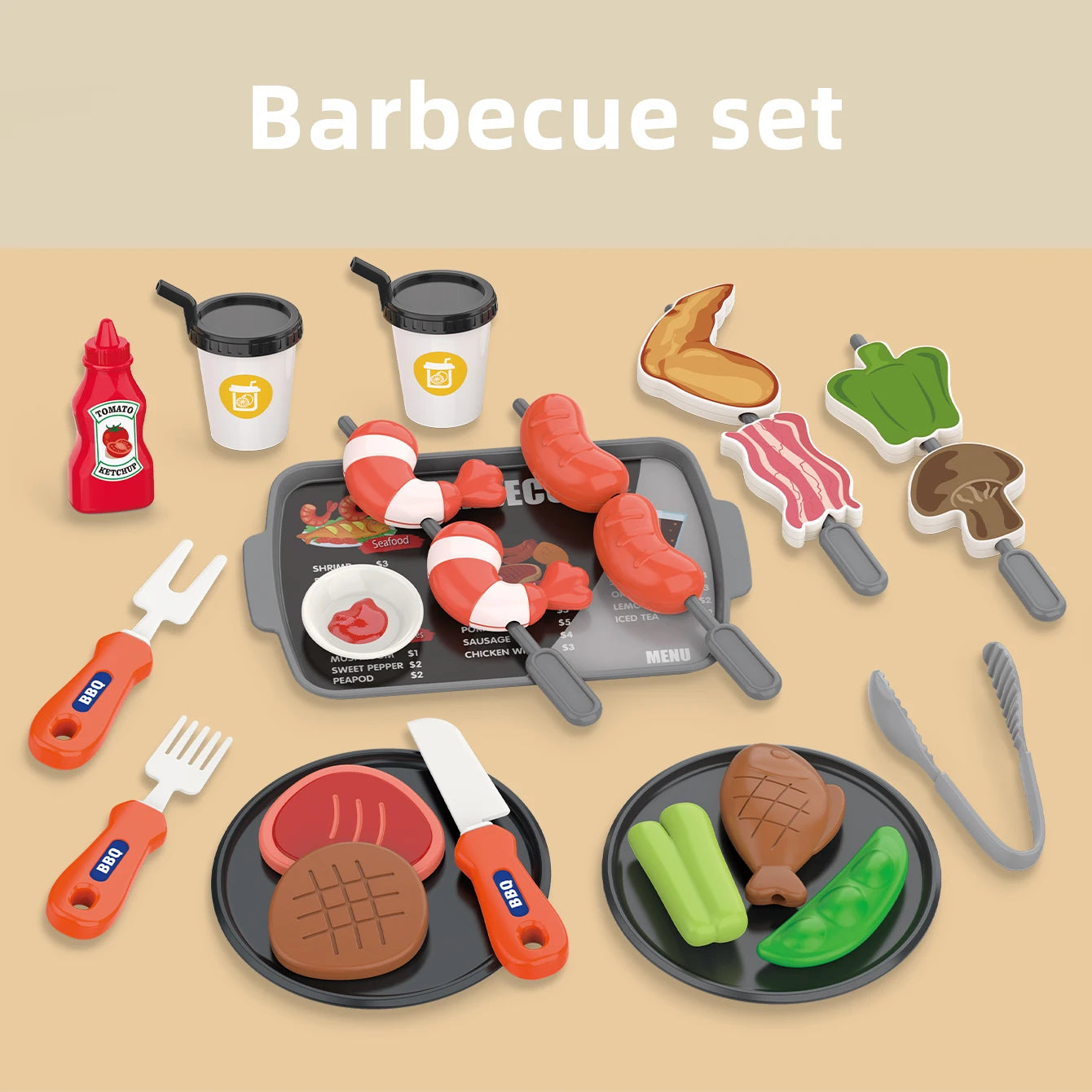 Giochi per bambini: giochi di finzione, barbecue, fast food, pizza, sushi, tè pomeridiano, dessert, cibo da cucina, set di giocattoli
