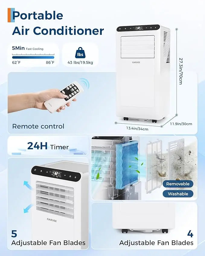Condizionatore d'Aria Portatile da 8000 BTU, Silenzioso 3-in-1 per Interni con Funzioni di Raffreddamento, Deumidificazione, Timer 24H, Kit Completo per Finestre