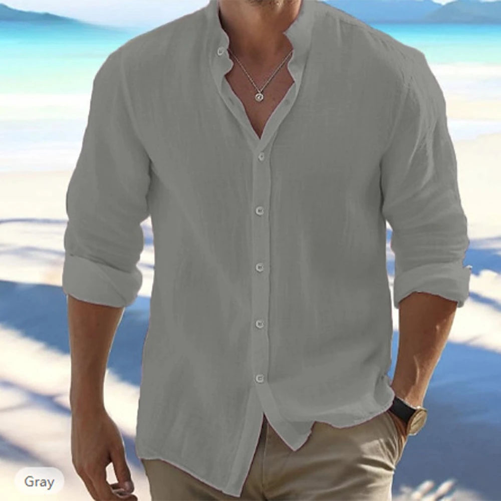 Camicie a maniche lunghe da uomo in lino di cotone vendita calda tinta unita estiva colletto rialzato stile spiaggia casual taglie forti