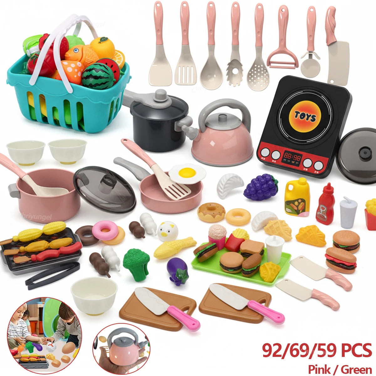 Set di giocattoli da cucina per bambini 92/69/59 pezzi Gioca al cibo con pentole Padelle e utensili Piccoli giocattoli da cucina per bambini Ragazze Ragazzi Regalo