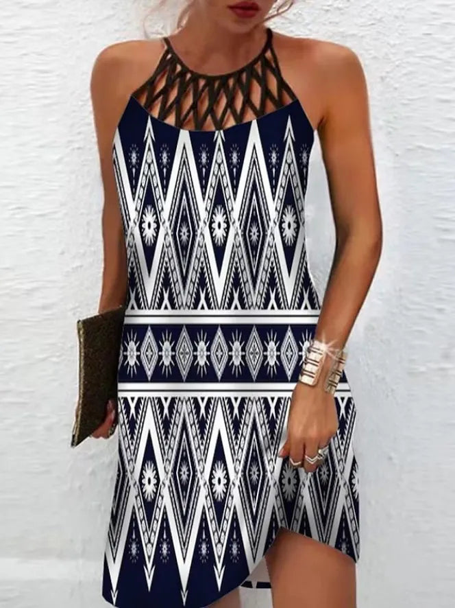 Abito Boho sexy per donna Mini abito da spiaggia Abito alla moda Donna Estate senza maniche Hollow Elegante abito da festa Stampa Vestido 2023