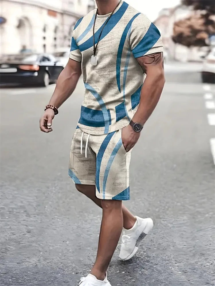 Boutique uomo estate Casual sport manica corta vestito semplice Splicing stampato girocollo T Shirt coulisse tasca pantaloncini vestito