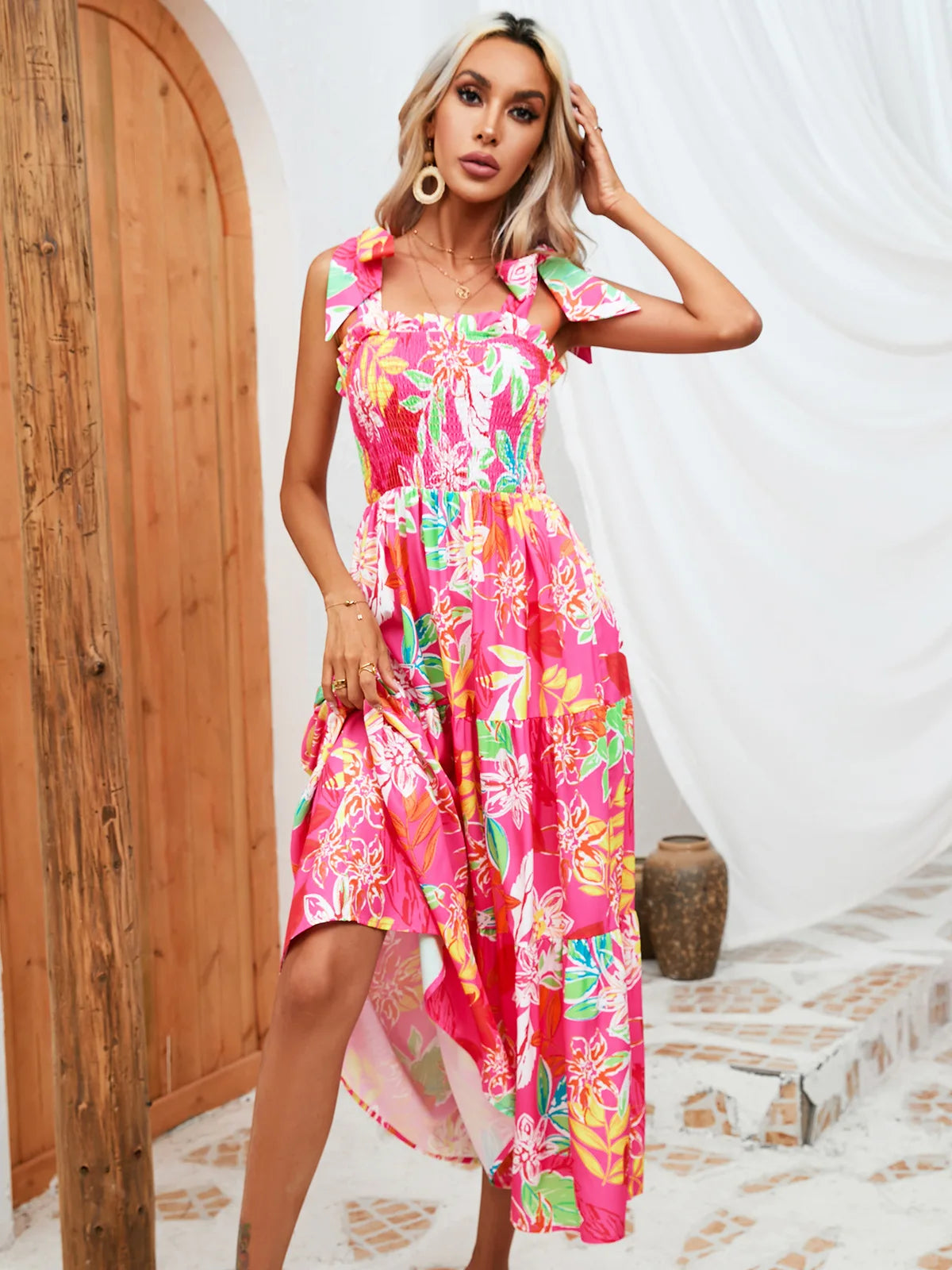 Moda Boho Abito con stampa floreale Reggicalze casual Vita alta Slim A-line Abiti lunghi con lacci Vacanza estiva Abbigliamento donna