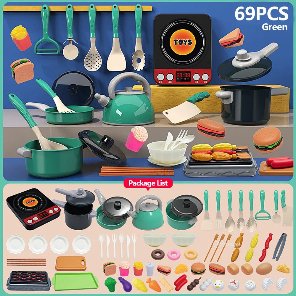 Set di giocattoli da cucina per bambini 59/69 pezzi Kit di accessori da cucina da gioco con pentole da gioco Padelle Fai finta di cibo Giocattolo da cucina Regalo per ragazze e ragazzi