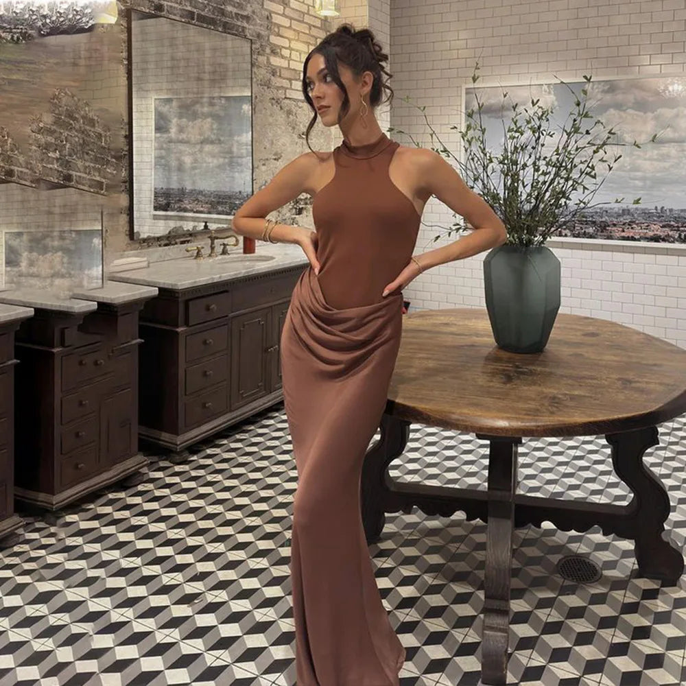 JULISSA MO Abito lungo da donna sexy scollato in raso Abito lungo nero senza maniche a vita alta Donna Autunno Skinny Elegante Party Clubwear