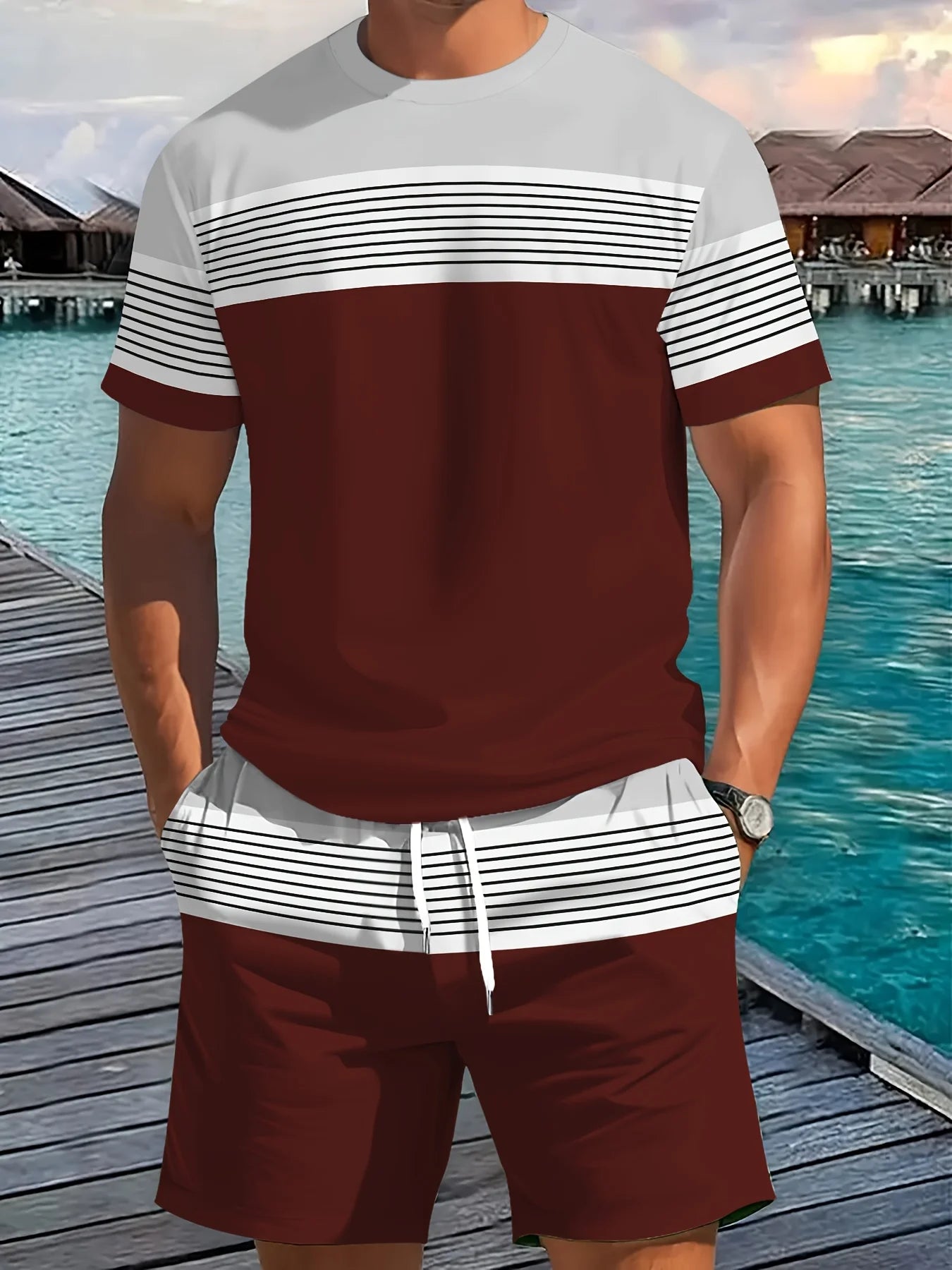 Nuovo arrivo estivo, completo casual da uomo in due pezzi, camicia a maniche corte con stampa a righe e pantaloncini sportivi, set fitness da uomo