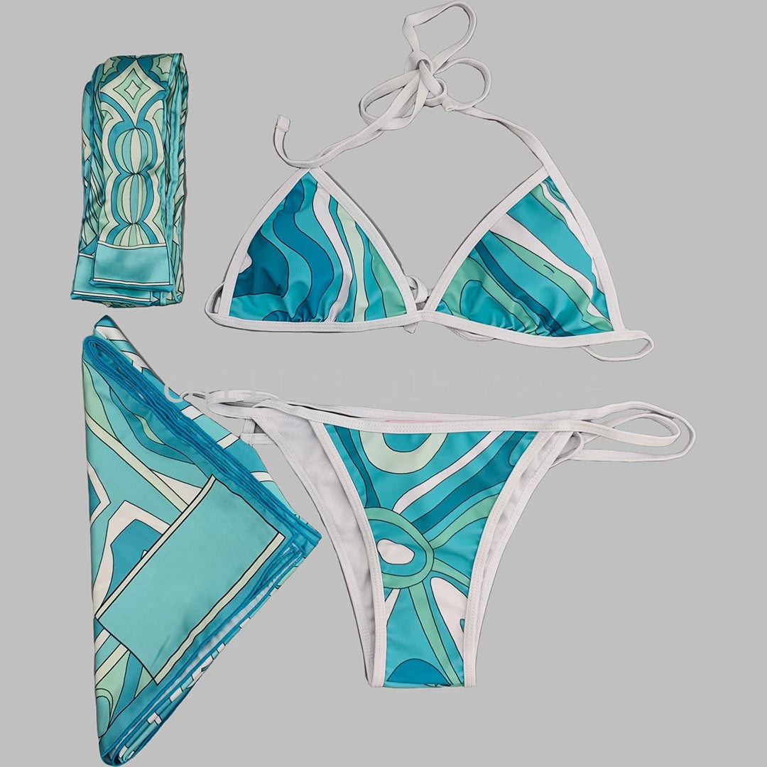 Costumi da bagno da donna rosa con foulard e logo a lettere, set bikini con foulard e fascia per capelli, abbigliamento da spiaggia