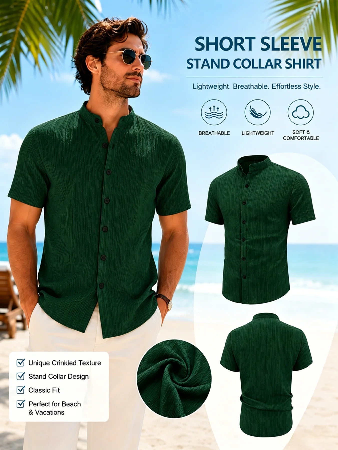Camicia da uomo a maniche corte con colletto alla coreana – Camicia testurizzata slim fit con bottoni, camicia traspirante casual estiva da spiaggia per uomo