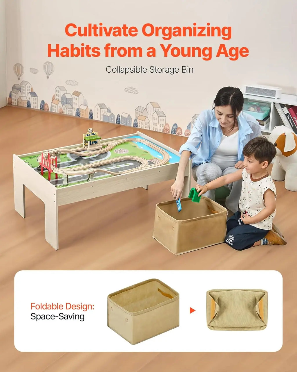 Tavolo da treno, tavolo da attività per bambini in legno da 84 pezzi multicolori con contenitore portaoggetti pieghevole, set di treni in legno 3 in 1 per giochi, D