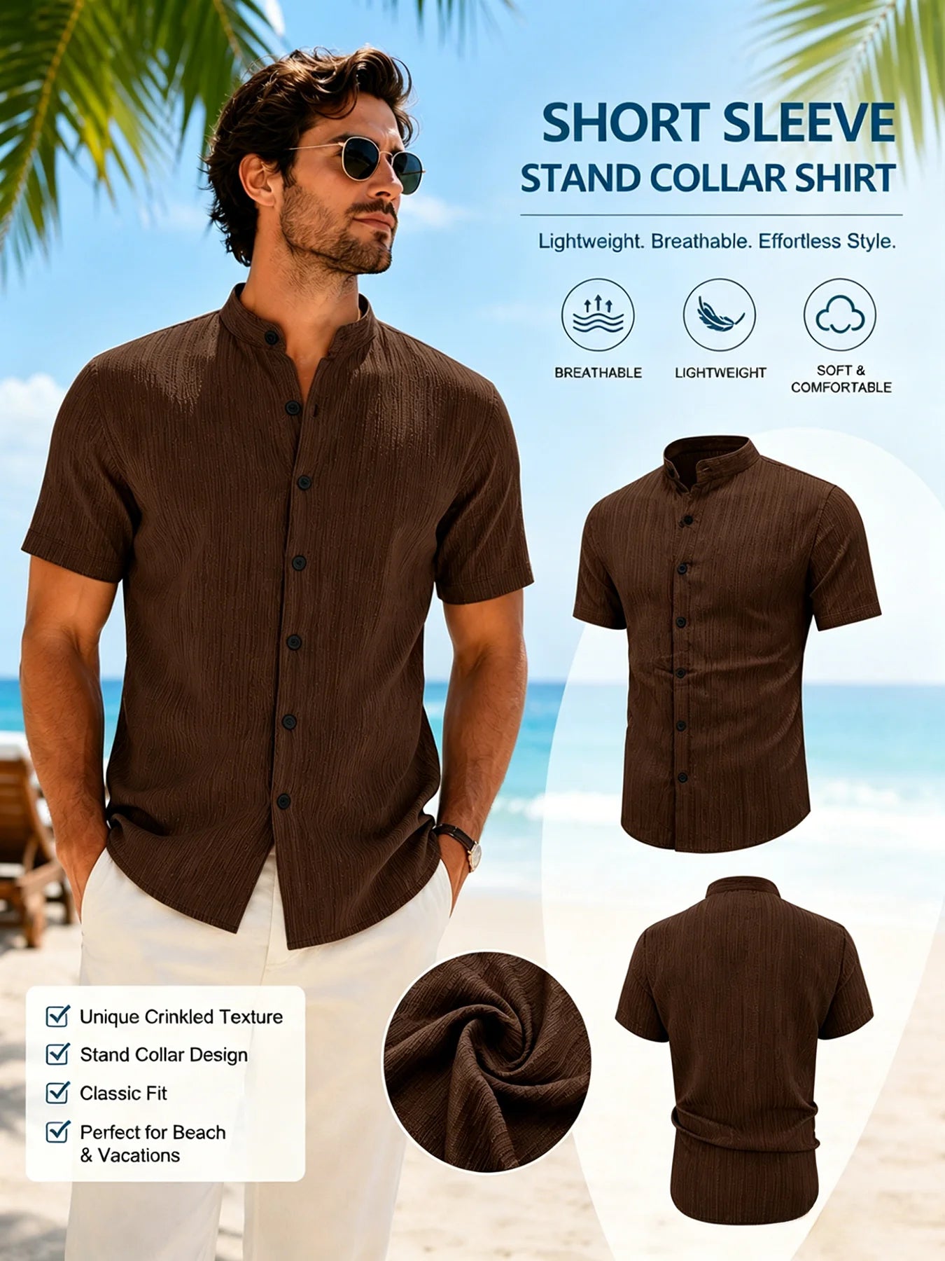 Camicia da uomo a maniche corte con colletto alla coreana – Camicia testurizzata slim fit con bottoni, camicia traspirante casual estiva da spiaggia per uomo