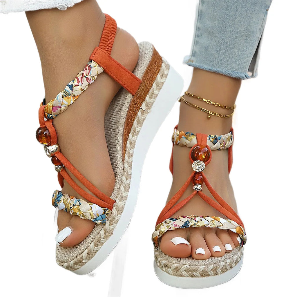 Sandali Donna 2026 Stile Bohemien con Tacco Grosso, Perline Intrecciate, Tacco a Zeppa, Comodi, Versatili, alla Moda, con Cinturino Romano