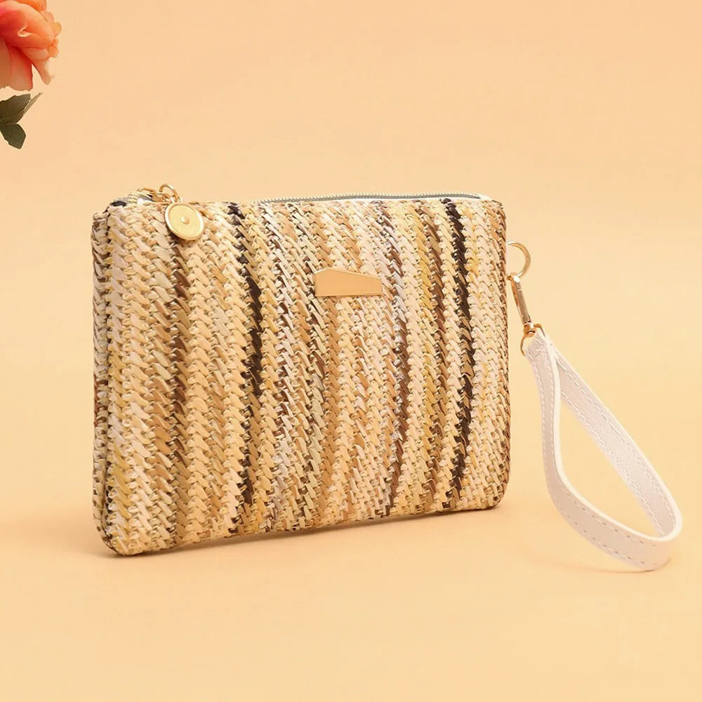 Borsa Intrecciata in Paglia Colorata alla Moda, Stile Retrò Bohémien, Portamonete da Polso