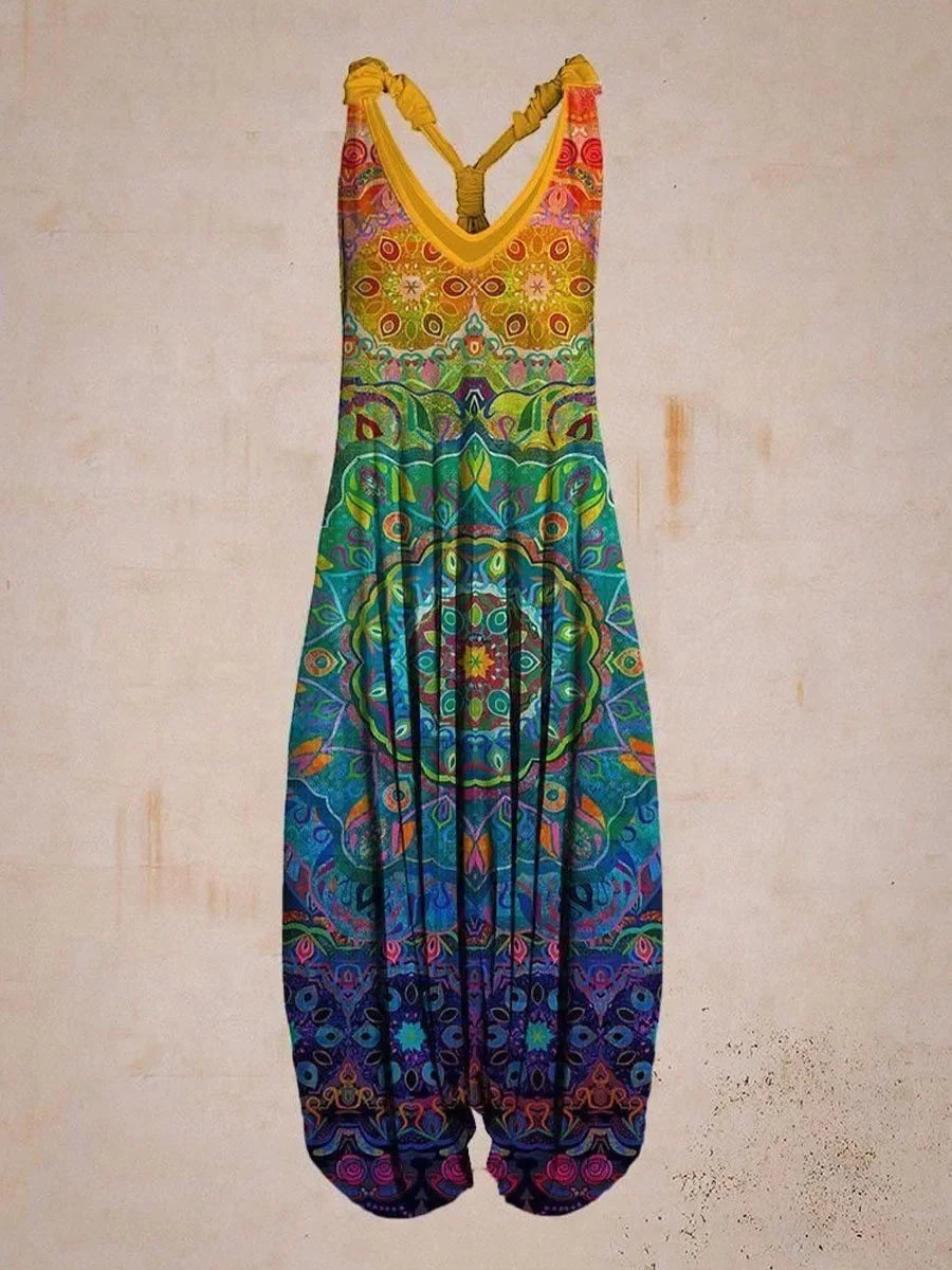 Tuta generale allentata bohémien a gamba larga Mandala etnico Stampa paisley vintage Pagliaccetti da donna Tutina harem senza schienale