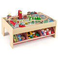 Tavolo da Gioco 3-in-1 in Legno con 3 Contenitori, Pista Reversibile da 94 Pezzi e Mappa per Costruire e Giocare