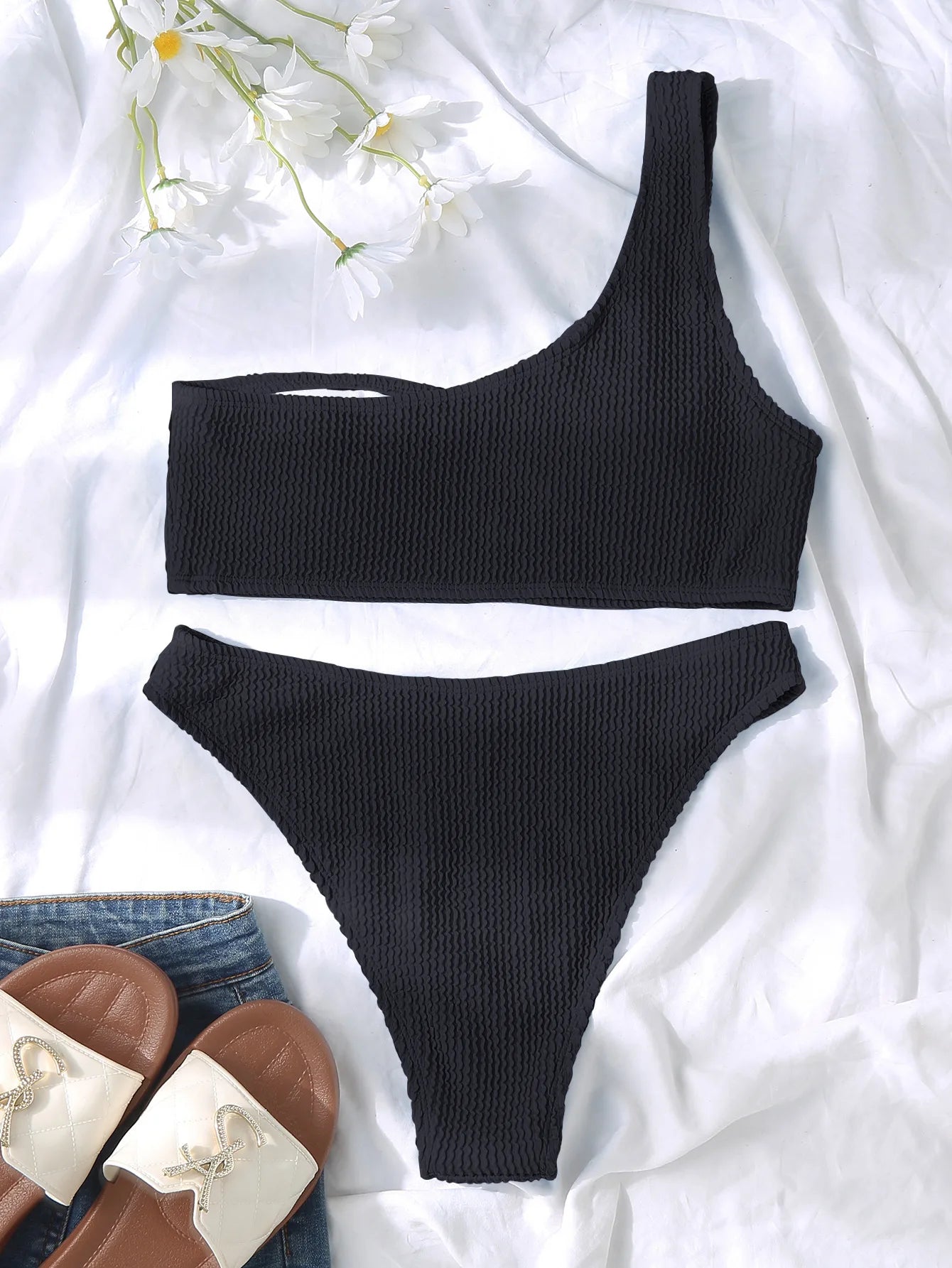 Costume da bagno bikini monospalla strutturato costume da bagno taglio alto costume da bagno solido donna moda brasiliana 2025