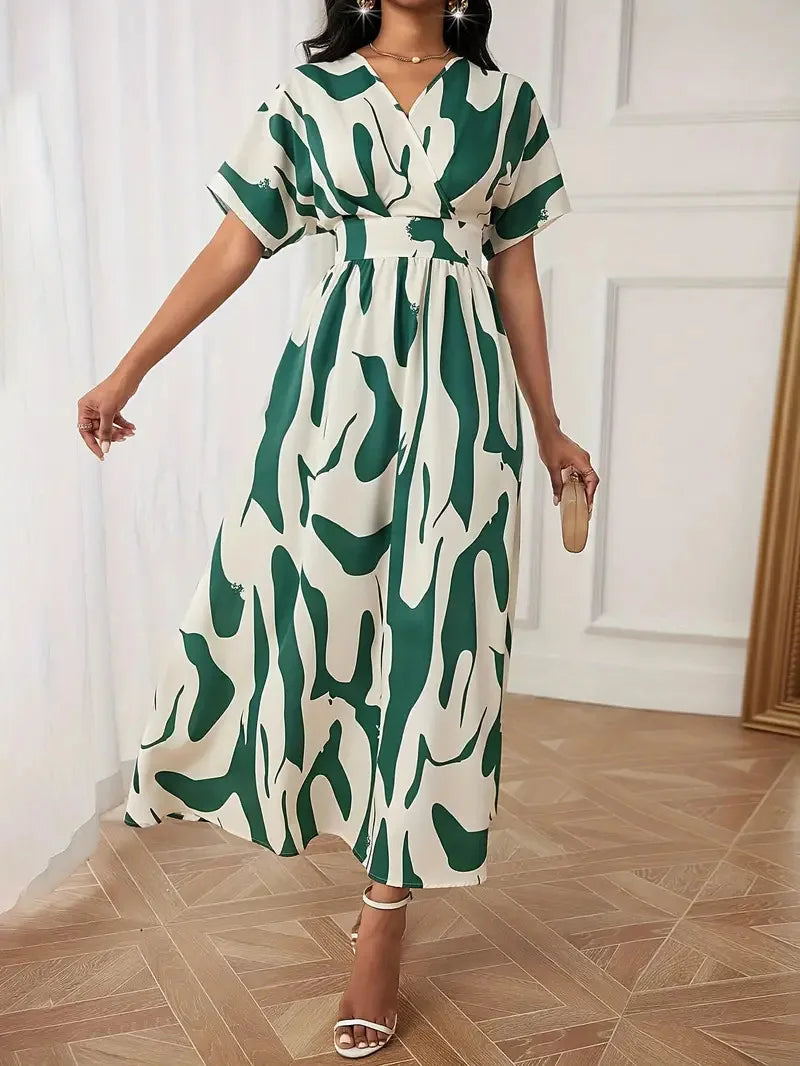 Abito longuette con scollo a V con stampa astratta verde bianco da donna Manica corta Vita alta A-Line Abiti maxi da festa casual estivi fluidi