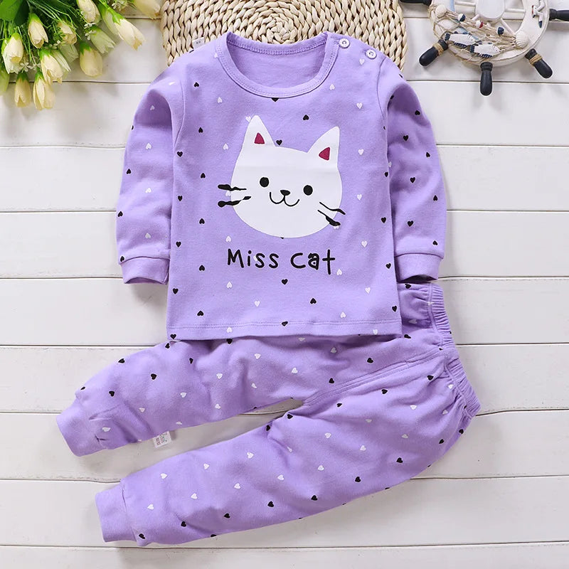 Vestiti per la casa della neonata pigiama pantaloni lunghi t-shirt biancheria intima del fumetto 2 pezzi modello gatto del fumetto vestiti per ragazze vestito da 0 a 6 anni