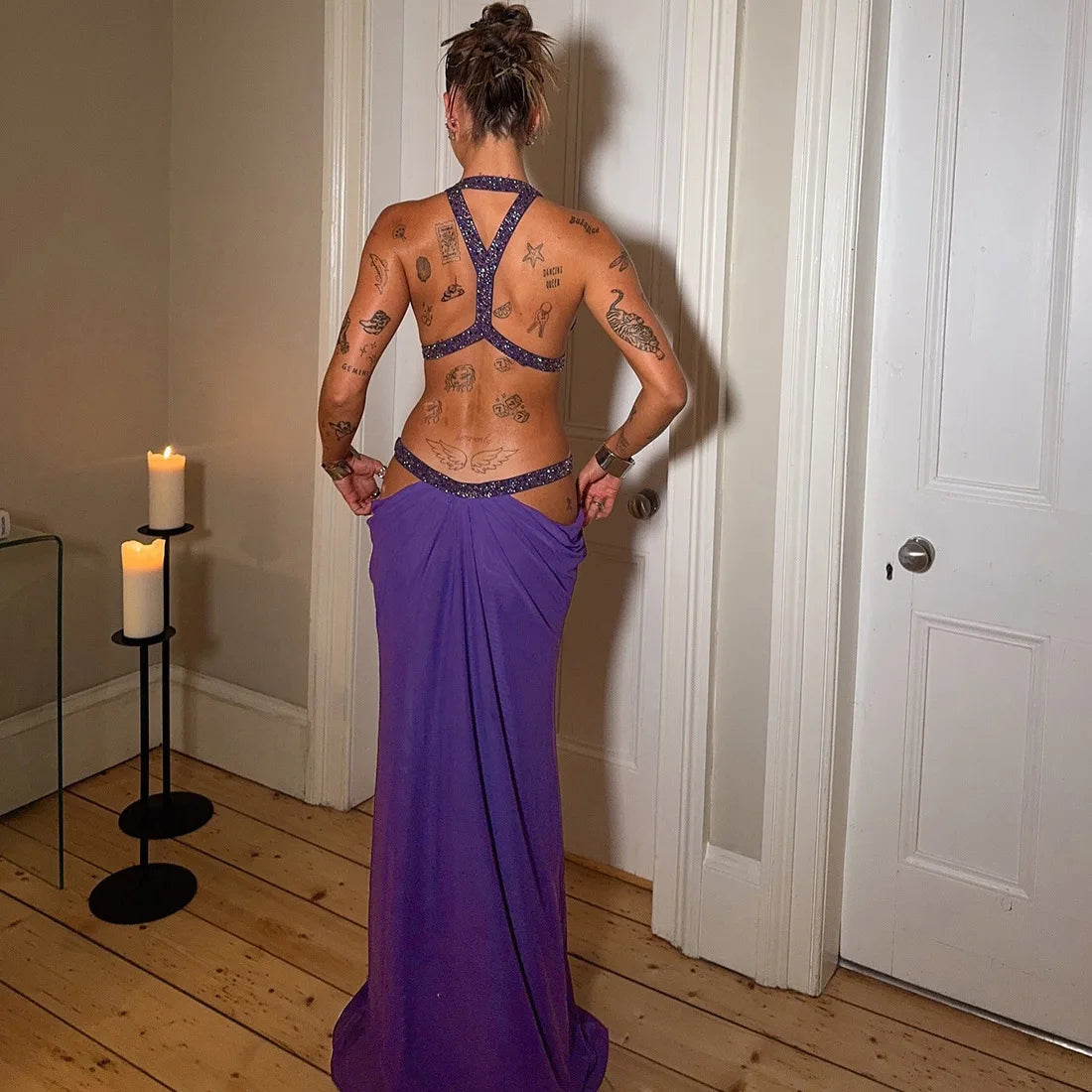 Abito lungo da donna sexy Halter scava fuori senza schienale senza maniche increspato abiti lunghi da sera Party Chic Robe verde viola estivo