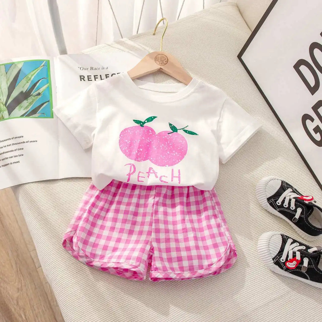Set di Moda 2 Pezzi per Bambina con Stampa Frutta, T-shirt a Maniche Corte + Pantaloncini a Quadri, Abbigliamento Principessa per Bambini 0-6 Anni