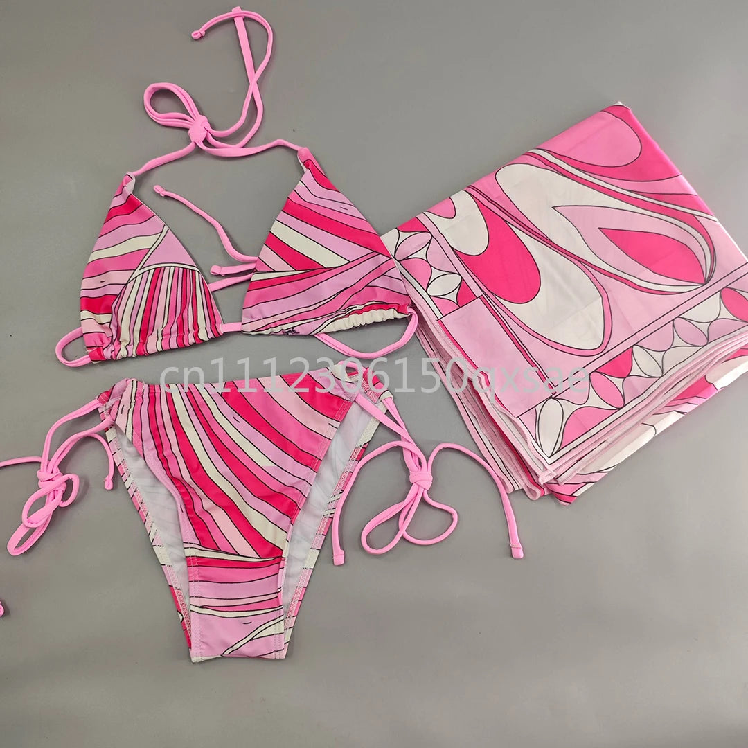 Costumi da bagno da donna rosa con foulard e logo a lettere, set bikini con foulard e fascia per capelli, abbigliamento da spiaggia