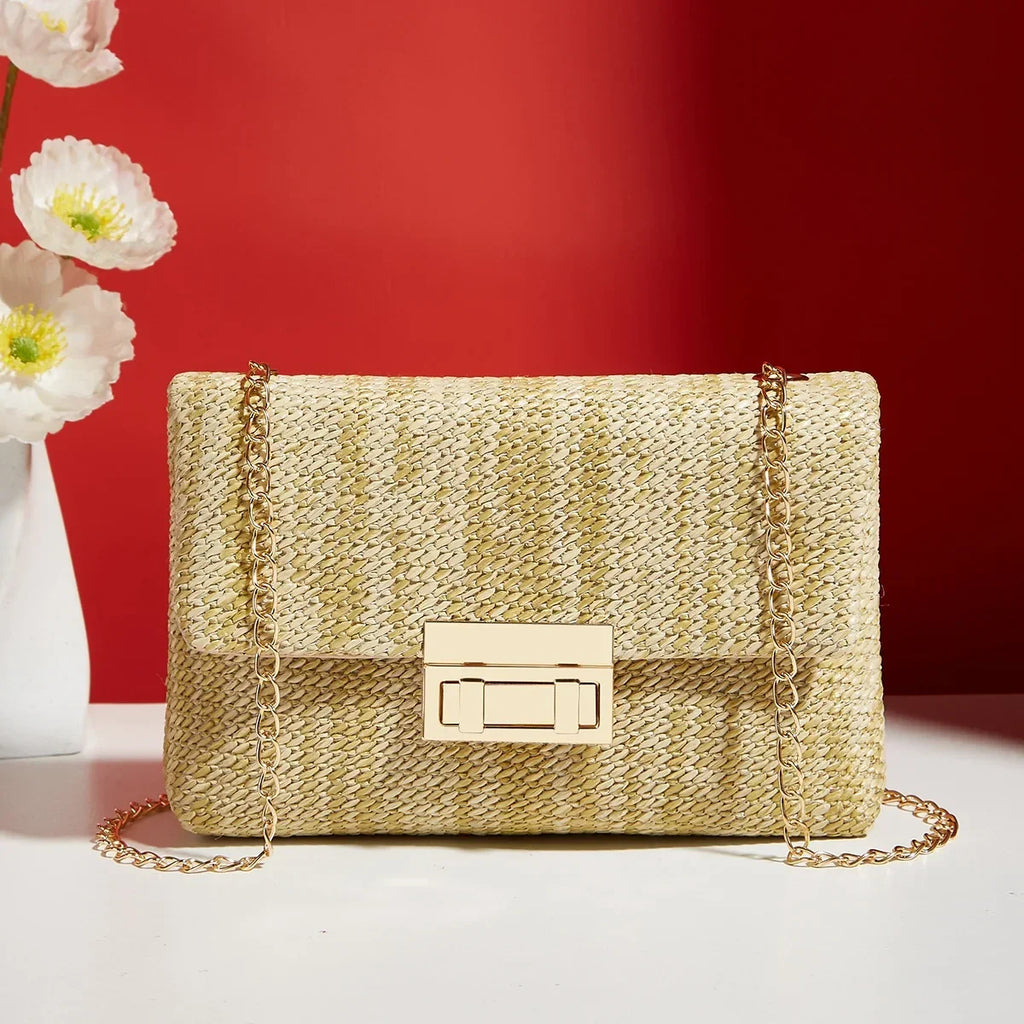 Borsa a mano con pochette in paglia a righe multicolori per donna Borsa a tracolla a tracolla con tracolla da spiaggia estiva in tessuto casual in pelle PU