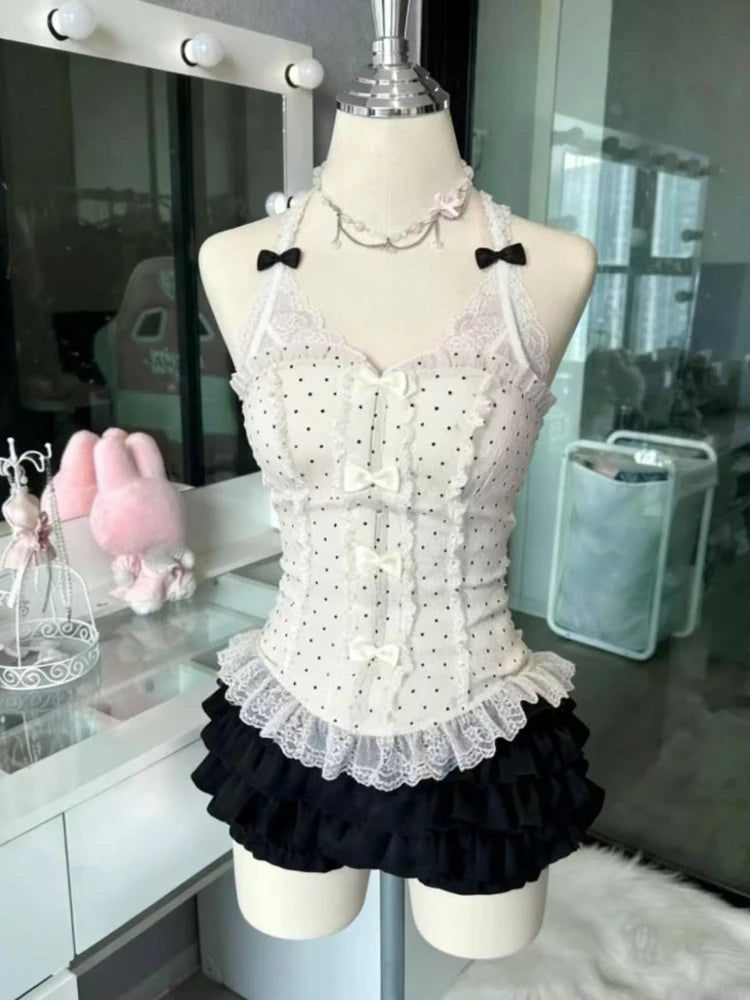 Abito stile francese dolce e carino con giunture a pois, fiocco in pizzo, abiti alla moda coreani, nuovo design, vita sottile, mini abito Y2k da donna